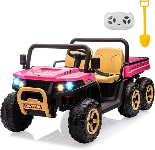 Hetoy 2 Seater Ride on Dump Truck, 24V Electric Vehicle Toys for Kids with Remote Control, Ride on Car with Electric Dump Bed, Toy Shovel, Music, LED Headlights & Spring Suspension- Ages 3+