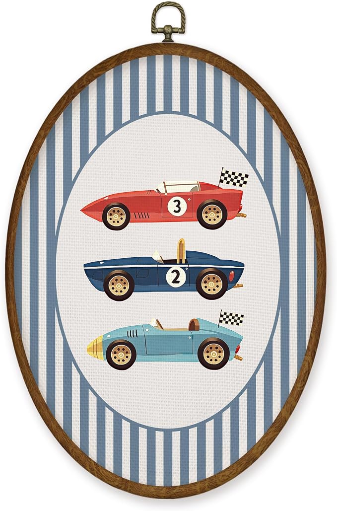 WULQYING Race Car Boy Nursery Wall Art Decor, Boys Room Oval Framed Canvas Art Prints, Vintage Race Car Blue Striped Wall Hanging Decor for Kids Nursery Room Bedroom Playroom, 8.6x11.4 Inches