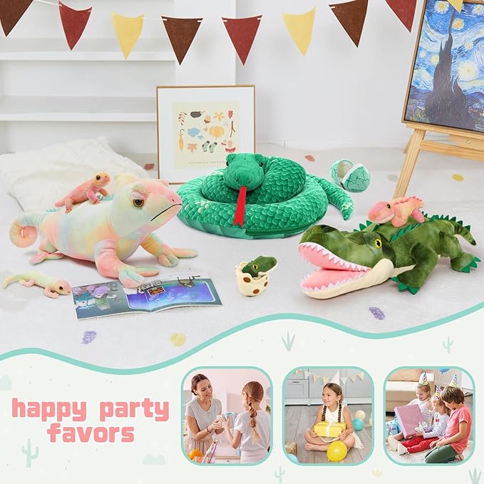 MorisMos 27" Giant Chameleon Stuffed Animal with Babies, 5Pcs Mama & Baby Stuffed Lizard Plush Toys for Kids, Realistic Rainbow Chameleon Plush Toys, Lizard Toys for Jungle Birthday Gift & Room Decor