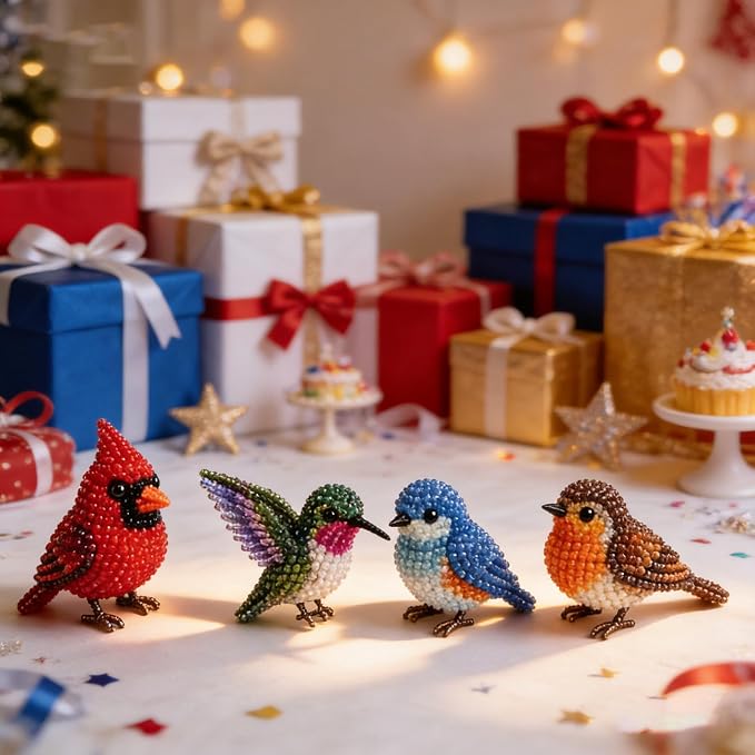 CJNEJGT Kid Friendly 3D Beaded Animal DIY Kit, Stress Relief Leisure DIY Bead Toy Set, Beginner Bead Embroidery Craft Gift with Step-by-Step Instructions (4PC Bird)