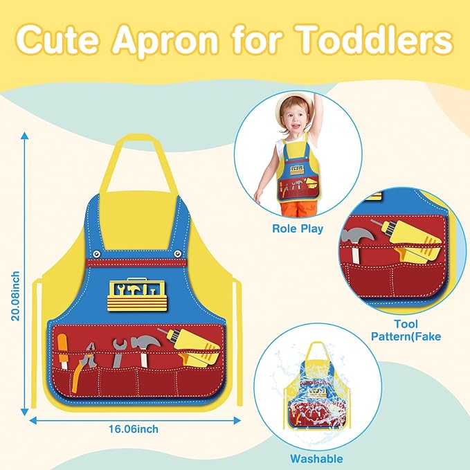Montessori Toys for 2 Year Old Boy - Wooden Kids Tool Set with Apron | Toddler Bench STEM Educational Construction Toy for Ages 2-4, Pretend Play Birthday Gifts for Girls