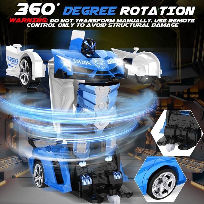 Dolanus Remote Control Police Car - RC Car Transform Robot, Flashing Light, 2.4Ghz, 360 Degree Rotating, Toys for Ages 5-7, Kids Toys, Birthday Gifts for 3 4 5 6 7 8 10 12 Years Old Boy (Blue)