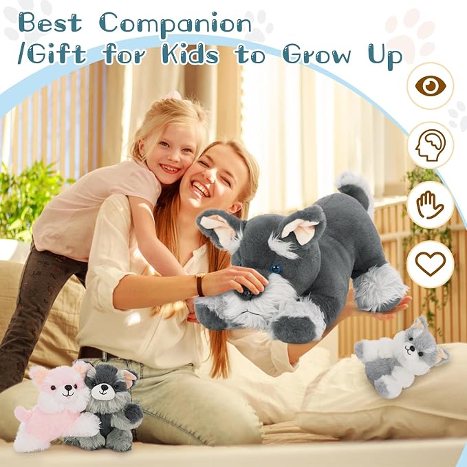 MorisMos Plush Schnauzer Dog Stuffed Animal with Babies, 20'' Big Mommy Dog with 3 Baby Puppy Toys for Kids, Xmax Stuffed Schnauzer Dog Toys for Girl Boy, Lifelike Dog Gifts for Christmas Birthday
