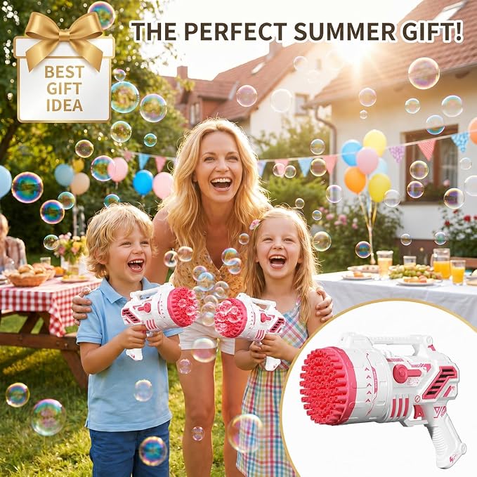 Bubble Gun for Kids, 69-Hole Bubble Blaster with LED Lights, Pink | 69-hole bubble machine gun for kids ages 4-8, with LED lights for summer, birthday, party and outdoor play.