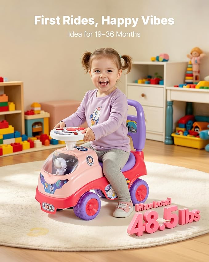 VEVOR Ride On Toddler Push Car, Push Car for Toddler 19 to 36 Months, Kids Ride On Toy with Horn & Music, 48.5 lbs Load Capacity, Under-seat Storage, Foot-to-Floor Walker for Toddlers Boys Girls, Pink
