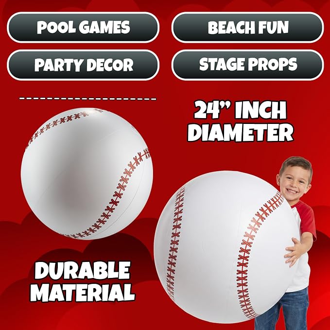 24-Inch Giant Beach Balls - (3-Pack) Inflatable Baseball Beach Balls - Extra Large Blow Up Pool Balls for Kids, Summer Pool Toys, Baseball Party Decorations & Sports Theme Decorations