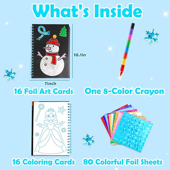 FUNNYB&G Foil Art Craft Kit for Girls 4-10 Years Old: Mess-Free & No-Glue, Create 16 Sparkly Winter Pictures – Perfect Travel Toy & Birthday Gift for Kids (Winter)