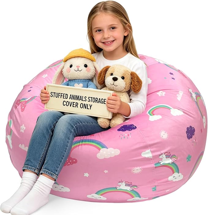 Lukeight Unicorns Stuffed Animals Storage Bean Bag Chair Cover for Kids, Cozy Velvet Plush Toy Organizer Seat, Cover Only, No Filling Included, Long YKK Zipper, Side Pocket, X-Large 30 x 18 in