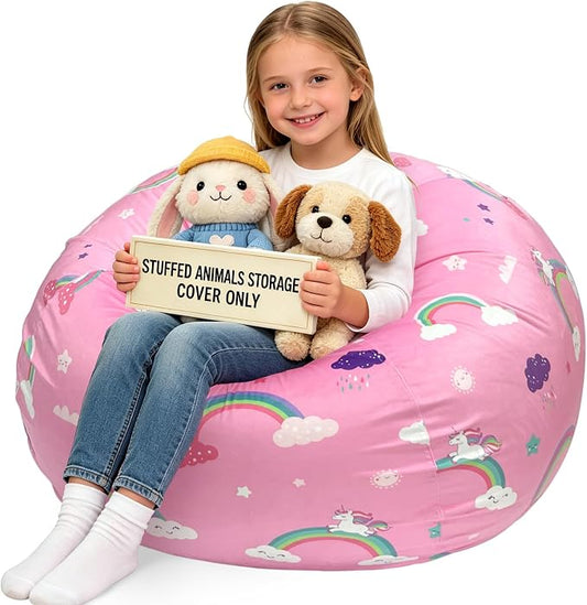 Lukeight Unicorns Stuffed Animals Storage Bean Bag Chair Cover for Kids, Cozy Velvet Plush Toy Organizer Seat, Cover Only, No Filling Included, Long YKK Zipper, Side Pocket, X-Large 30 x 18 in