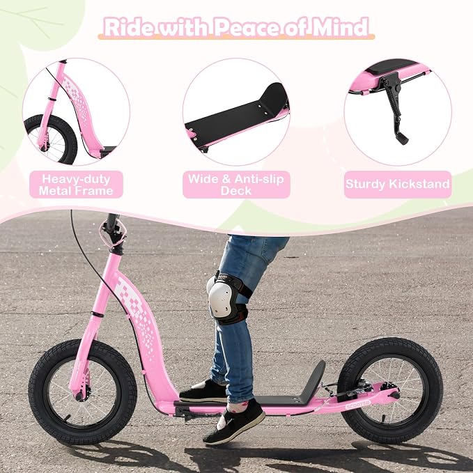 GYMAX Scooter, Kick Scooter for Adults, Teens, Kids with Adjustable Handlebar, 12” Inflatable Wheels, Front Caliper Brake & Non-Slip Deck, Heavy Duty Off-Road Scooter