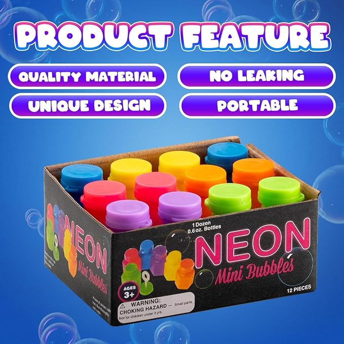 Mini Neon Party Bubbles for Kids - (Pack of 12) Bulk Wands and Bottles for Blowing Bubbles, Birthday Party Favors, Toy Gift, Outdoor Toys, Carnival Prizes, and Goody Bag Stuffers
