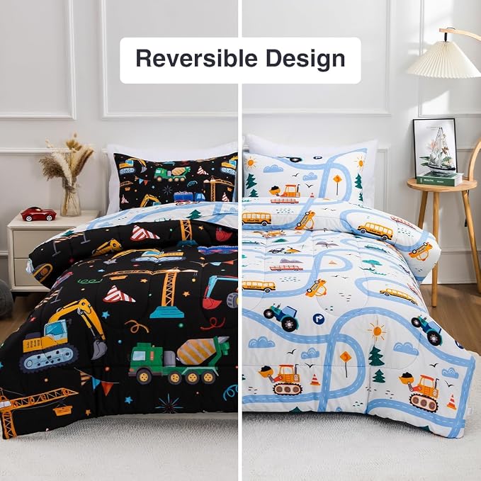 Holawakaka Trucks Tractors Cars Boy Bedding Comforter Set with Sheets, Twin Size Cartoon Construction Car Excavator Print Kids Bed in A Bag 5-Piece, Boys Reversible Dorm Bed Sets (Black Twin)