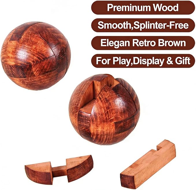 Wooden Brain Teaser Puzzles for Adults - Challenging 3D IQ Logic Games for Teens 14+, Stress Relief Desk Toys & Office Decor, Unique Gifts for Men, Women, Seniors (Ball)