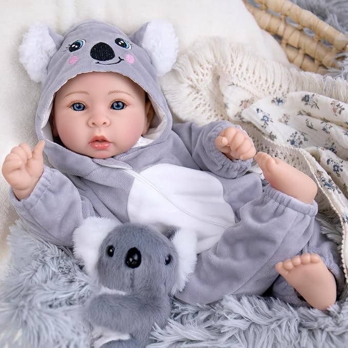 Aori 17 Inch Lifelike Baby Dolls Realistic Doll with Real Life Lightweight Soft Body & Grey Outfits, for Girls 3+ Role Play, Adoption Day, Photography Prop, Collectible