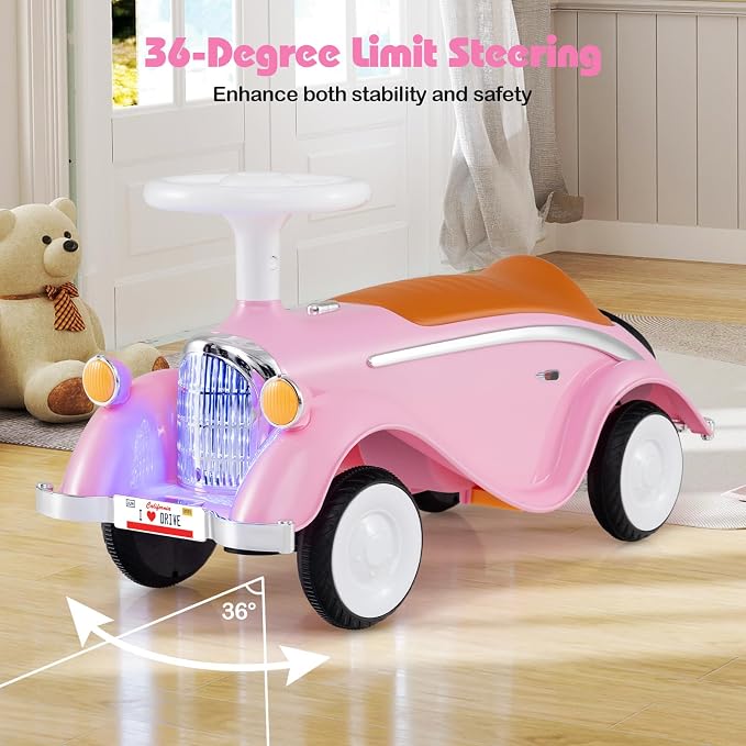 Costzon Toddler Ride On Toy, Classic Foot to Floor Sliding Car w/Steering Wheel, Horn, Headlights & Under Seat Storage, Kids Push Ride-Ons, Retro Baby Ride On Toys for Boys Girls 19-36 Months (Pink)