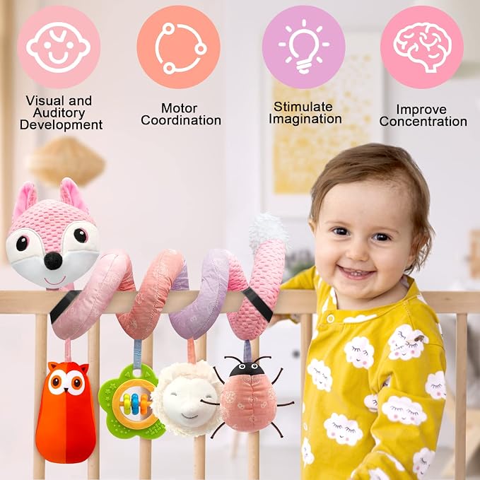 MONSTIME Car Seat Toys Infant Toys 0-6 Months, Newborn Toys 0-3 Months Brain Development for Carseat Stroller Crib with Music Rattles Teether, Baby Toy for 0 3 6 9 12 Boys Girls