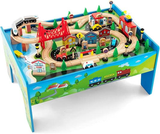 INFANS Train Table, 80 Pieces Wooden Kids Activity Toy Table Playset with Reversible Detachable Tabletop, Tracks, Train, Railway, City, Gift for Toddler Boys Girls Ages 3+ (32.5" x 23.5" x 16")