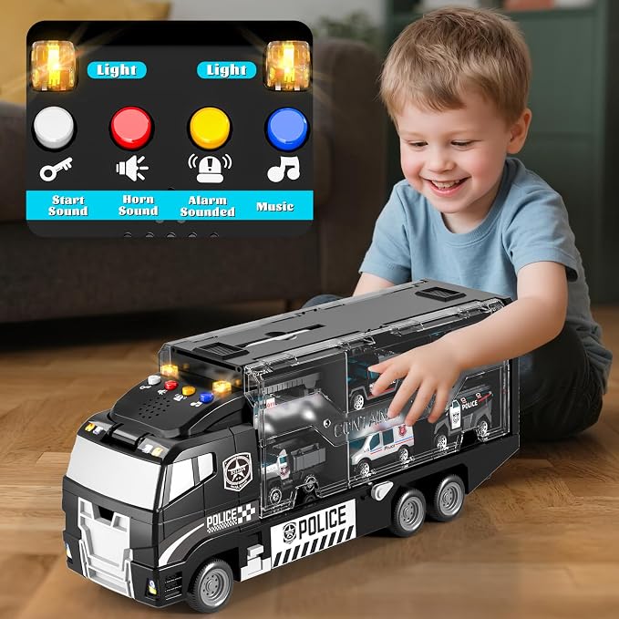 Toddler Boys Police Car Toy Set: Police Truck for Boy 3 4 5 6 Years Old | with Play Mat and Die-Cast Toy Car | Birthday Gifts Toys for 3-8 Year Old Boys | Girl Toys with Light and Sound