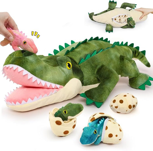 MorisMos Alligator Stuffed Animal with Babies Inside, 23.6'' Talking Mommy Stuffed Alligator Plush with 3 Baby Crocodiles & Eggs, Interactive Soft Crocodile Toys for Kid 3-5 Birthday Baby Shower