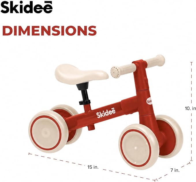 SKIDEE Toddler Balance Bike 1-3, 4-Wheel Balance Bike with Rare Light-Motion-Activated LED Wheels, Adjustable Height & Child Safe Steering, Lightweight Ride-On Toy Training Bike for Boys & Girls