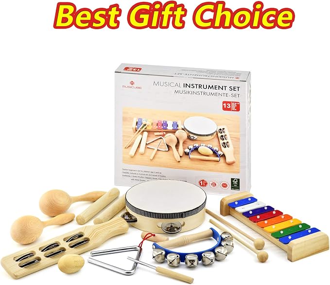 Musical Instrument Set for Toddler Baby Kid Wooden Percussion Instrument Musical Toys Xylophone Maracas Egg Shaker Tambourine Triangle Instrument for Boys Girls