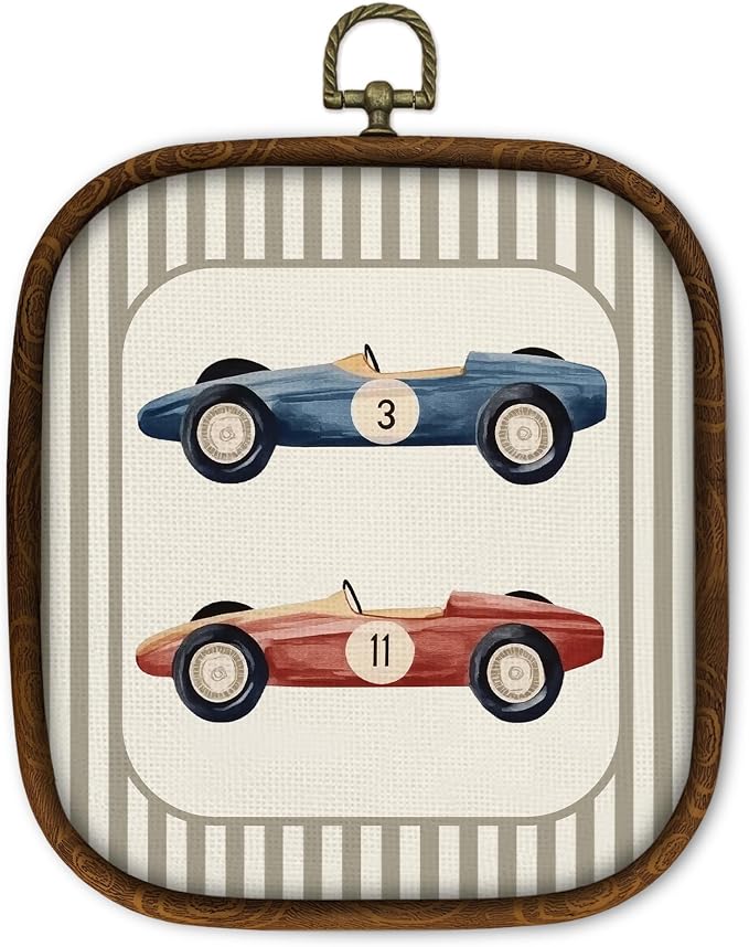 WULQYING Vintage Race Car Nursery Wall Art Decor, Retro Boys Room Square Framed Canvas Art Prints, Racing Gift for Boys Wall Hanging Decor for Home Kids Playroom Boy Bedroom, 5.7x6.5 Inches
