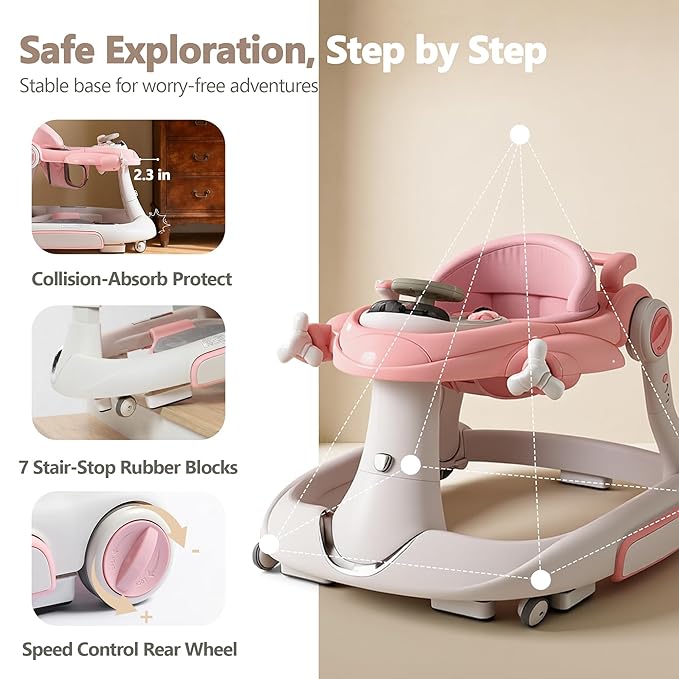 Kinder King 8-in-1 Baby Walker with Music & Lights, 3 Level Adjustable Height, Foldable Toddler Walker with Speed Adjustable Wheels, Easy to Clean, Baby Walkers for Boys & Girls 6-18 Months