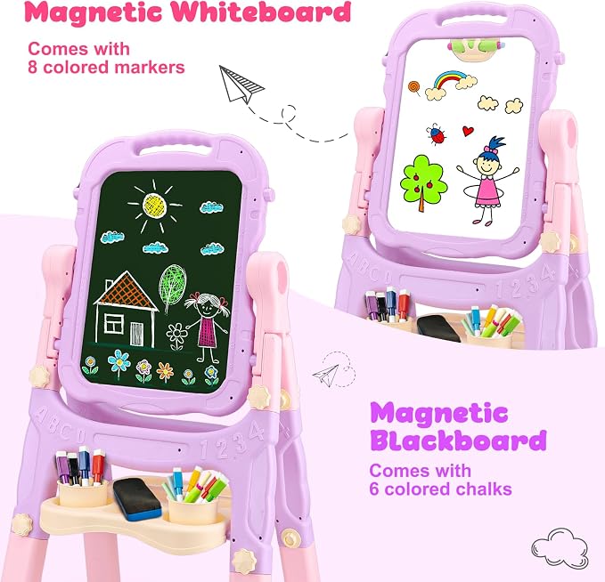 Kids Double Sided Art Easel for Toddlers Magnetic White Board Chalk Board with Painting Accessories Adjustable Stand Drawing Educational Learning Toys - Age 3 4 5 Year Old Girl Birthday Gifts Pink