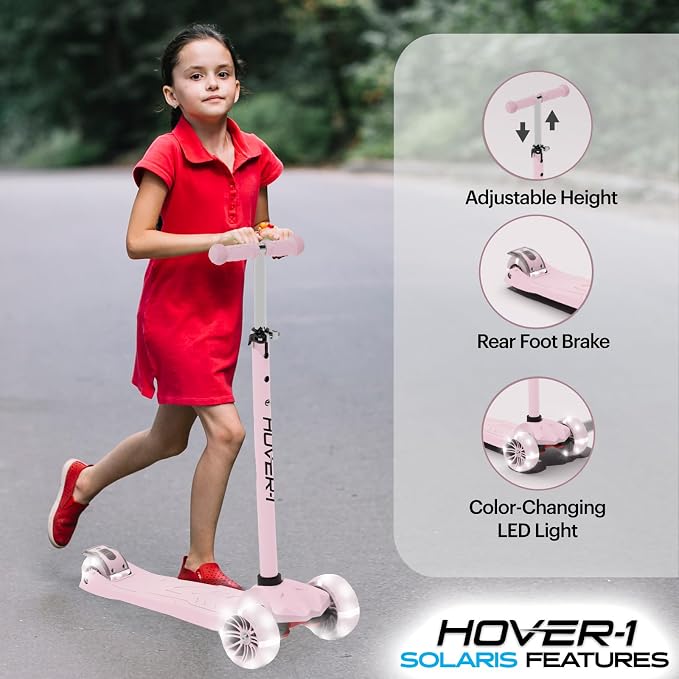 Hover-1 Solaris Kick Scooter with Multicolor Wheel Lights, 4.5” Front Wheels, Rear Foot Brake, and 110 Pound Weight Capacity