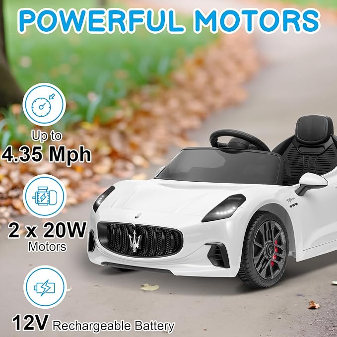 Winado 12V Ride on Car, Licensed Maserati Electric Car for Toddlers W/Remote Control, Battery Car for Kids with Bluetooth, 3 Speeds, LED & Rear Lights, Music & Horn (White)