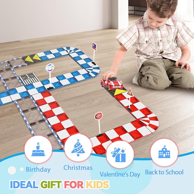 Magnetic Tiles Building Blocks for 3 4 5 6 7 8+ Years Old Boys Girls Colorful Magnet Stacking Toys Birthday Gift for Toddlers STEM Preschool Educational Construction Tiles Set (Multicolor Road)