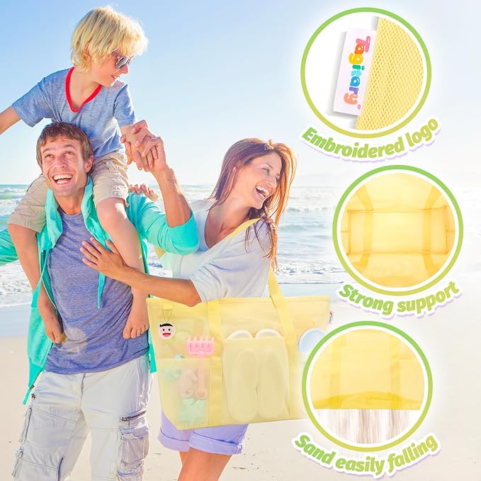 Tagitary Beach Toys for Kids and Mesh Beach Bag with Zipper, Large Beach Tote with 8 Pockets, Sand Toys Storage Pool Bag Beach Accessories for Sports Camping Picnic Travel