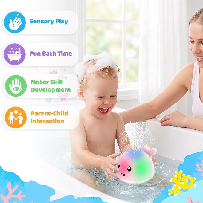 ANGGIKO Baby Bath Toys, Pool Water Table Toy for Babies, Toddler Bath Toys for Kids Ages 1-3, Light Up Whale Bath Toy Sprinkler 1 Year Old Boy Girl Gift Summer Bathtub Fountain Baby Toy 6-12-18 Months