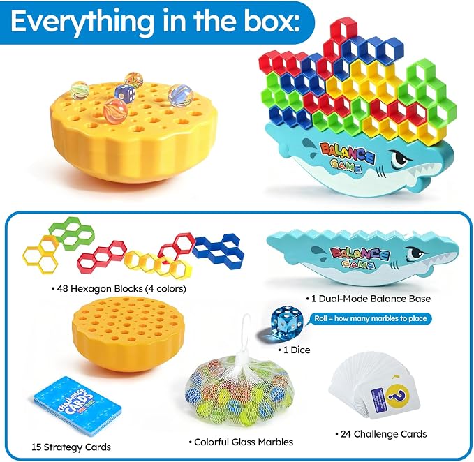 Balance Building Blocks Game 48PC – 3-in-1 Shark Edition with Marble Balance, Hexagon Stacking Tower & Tile Creation | Strategy & Challenge Cards Included | STEM Toy for Kids Ages 3+ Family Game Night