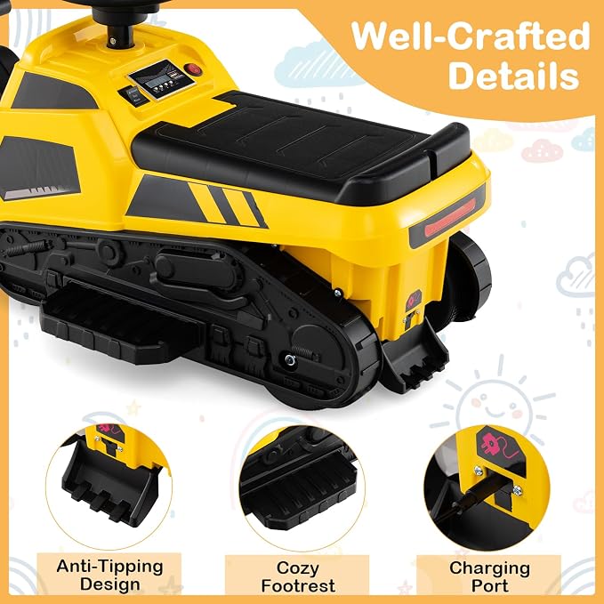 Costzon 3-in-1 Ride on Tractor, Electric Excavator Bulldozer Toy Road Roller w/Adjustable Arms, Music, 6V Ride on Construction Vehicles for Kids 1.5+ Years Old