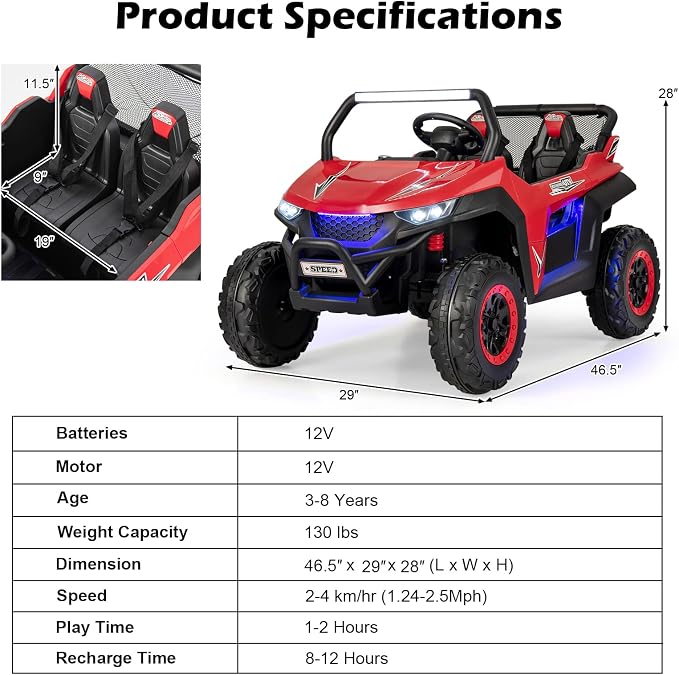 Costzon 2-Seater Ride on Car for Kids, 12V Kids' Electric Vehicles w/Remote Control, 4 Shock Absorbers, Wireless Music & FM, 3 Speeds, Ambiance Lights, Electric Car UTV for Boys Girls (Red)