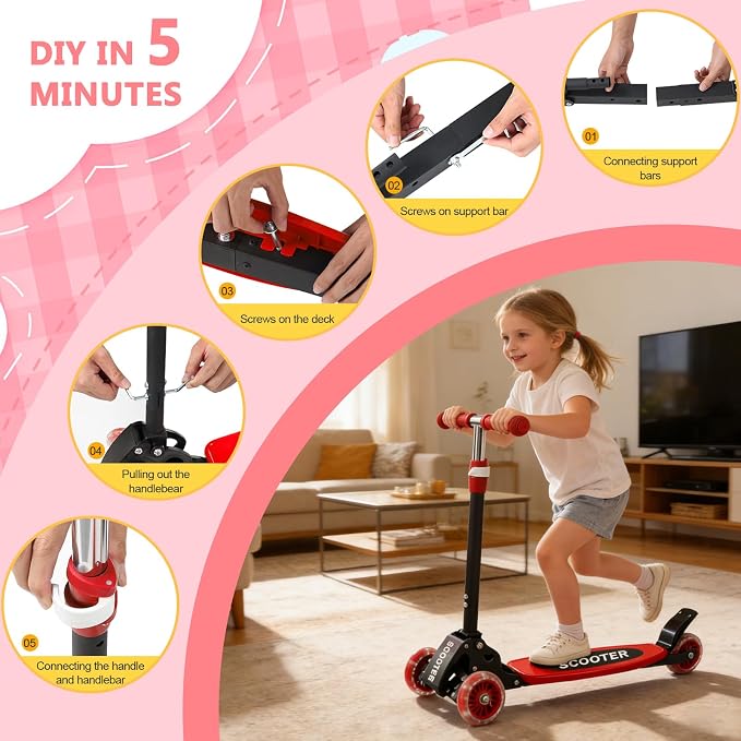 3 Wheel Scooters for Kids 2-5 5-7 Years, 4 Adjustable Heights Foldable Metal Toddler Scooter for Boys Girls Up to 120 lbs, Lean-to-Steer, Dual Rear Brake Widen Anti-Slip Deck