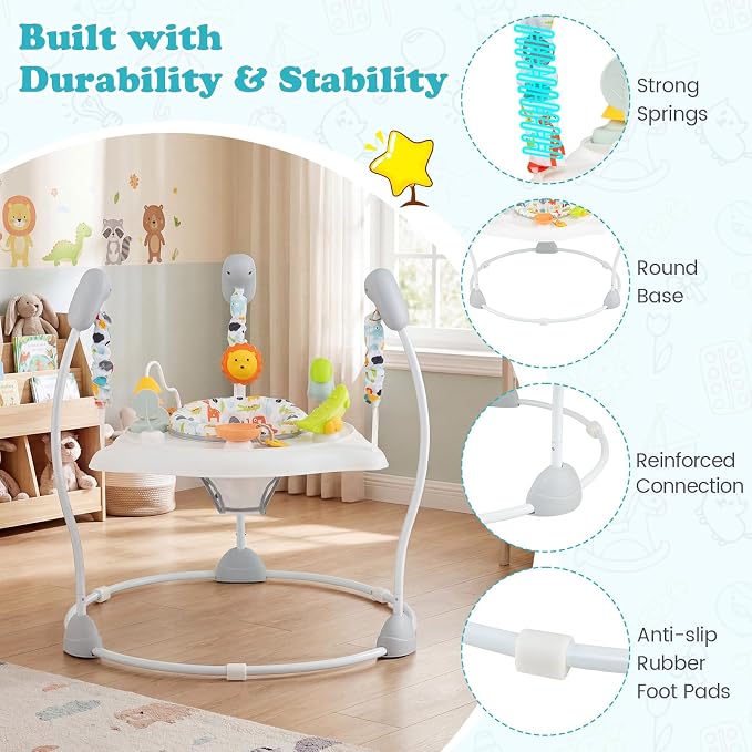 BABY JOY Baby Activity Center, Baby Jumpers and Bouncers with Music, 360° Rotating Seat, 3 Adjustable Heights, Montessori-Inspired Activity Center for Baby 7-15 Months (White)