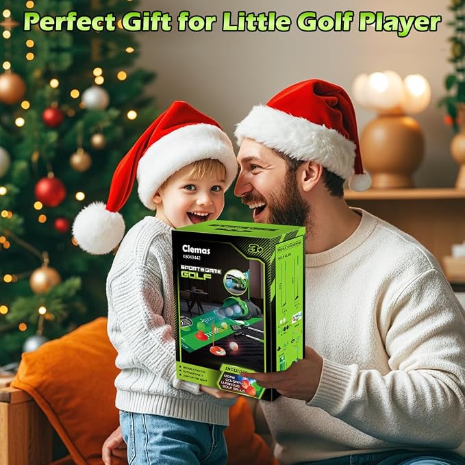 Clemas Upgraded Kids Toy Golf Set with Dinosaur Automatic Golf Returner, Led Light Up Night Golf Balls, 3 Clubs, Putting Mat, 3-8 Toddler Mini Golf Games, Indoor Outdoor Sports Toys for Boys Girls 3+