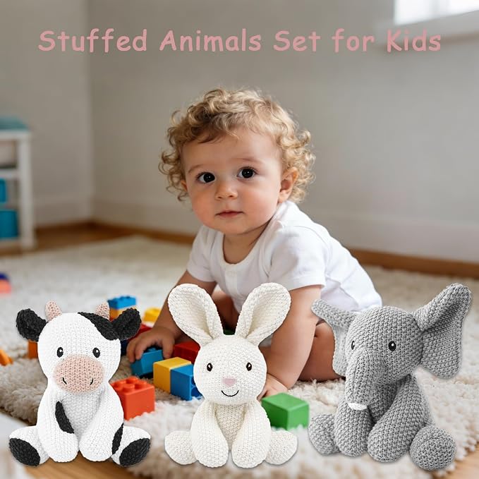 3Pcs Kids Stuffed Animals Toys 7-8" Knitted Crochet Bunny Plush Cute Elephant Cuddly Cow Cotton Animal Plush Toy Set Gift for Girls Boys and Babies, Christmas, Easter