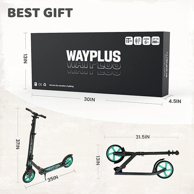 WAYPLUS KS1 Kick Scooter for Ages 6+,Kid, Teens & Adults. Max Load 240 LBS. Foldable, Lightweight, 8IN Big Wheels for Kids, Teen and Adults, 4 Adjustable Levels. Bearing ABEC9 FED Fitness