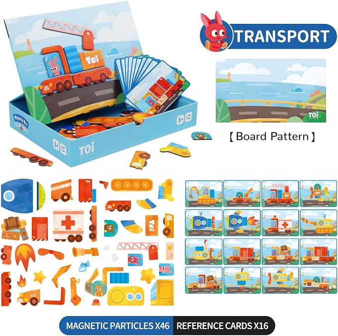 Toi Kids Magnet Toys Magnetic Jigsaw Puzzle Boxes with Game Board for Kids Ages 3-8, Preschool Tabletop Toy for Toddlers, Portable Travel Game, Vehicle