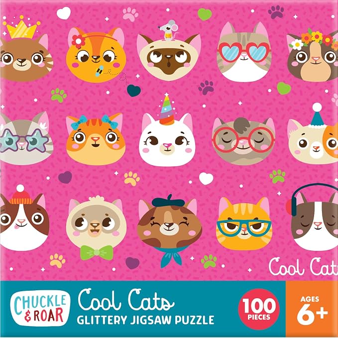 Chuckle & Roar - Cool Cats Glitter 100 Piece Jigsaw Puzzle for Kids Ages 6+ - Educational Puzzle with Glitter Accents - Fine Motor Skills and Screen Free Fun - Giftable Kids Puzzle 11 x 15 Inches
