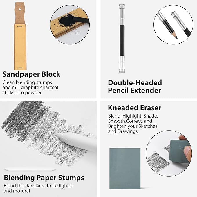 Drawing Sketch Pencil Set of 22 - Graphite Pencils (6H-10B), Black & White Charcoal Pencils, Art Pencil Kit for Sketching, Shading & Blending - Ideal for Artists, Adults, Teens, Beginners