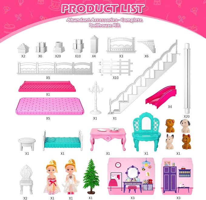 Doloowee DIY Dollshouse for Girls 4-8 - 2-Story House with 3 Themed Rooms, 2 Dolls, 4 Dogs, Slide & Yard - Dolls House Toys for Imaginative Play