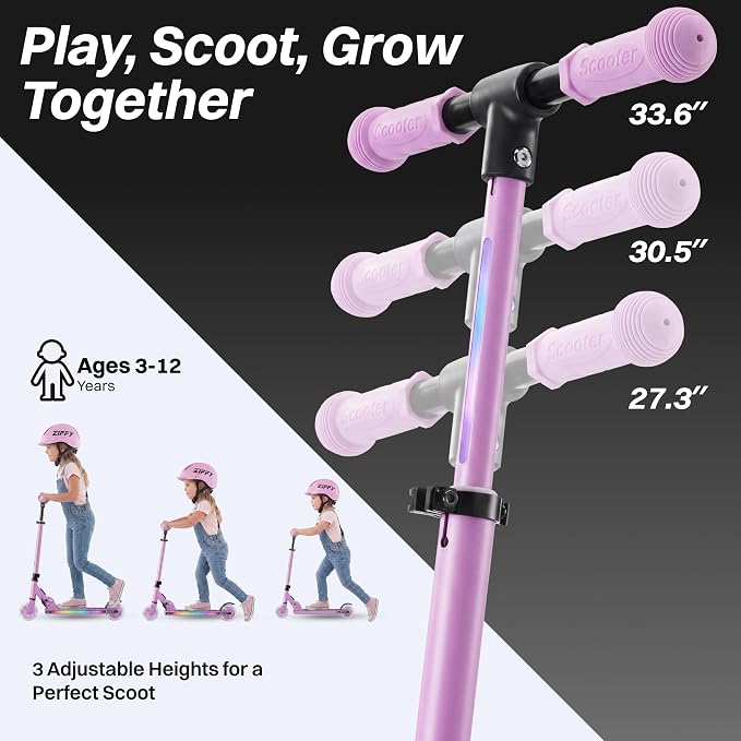 JOVA ZIFFY Light Up Scooter for Kids 3-12, 2 Wheel Foldable Kids Kick Scooter, 3 Adjustable Height, ABEC-7 Bearing with 4'' PU Wheels, Rear Foot Brake, Gift for Boys& Girls (Up to 110lb)