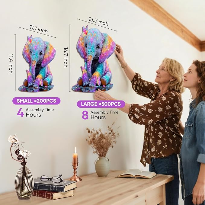 MEATRN Wooden Jigsaw Puzzle - Colorful Baby Elephant with Butterflies, 491 Pcs, 16.3x16.7 in, Animal Puzzles for Adults & Kids, Educational Brain Teaser Gift and Home Art Décor