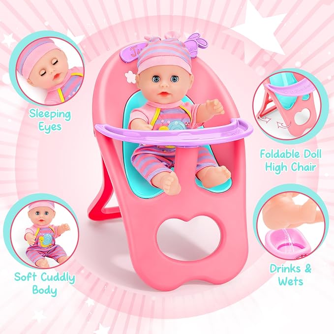 deAO 12” Baby Doll Play Set with Crib, Mobile, High Chair Feeding Accessories, Interactive Dolls for Girls Kids Pretend Play Baby Dolls 21 PCS