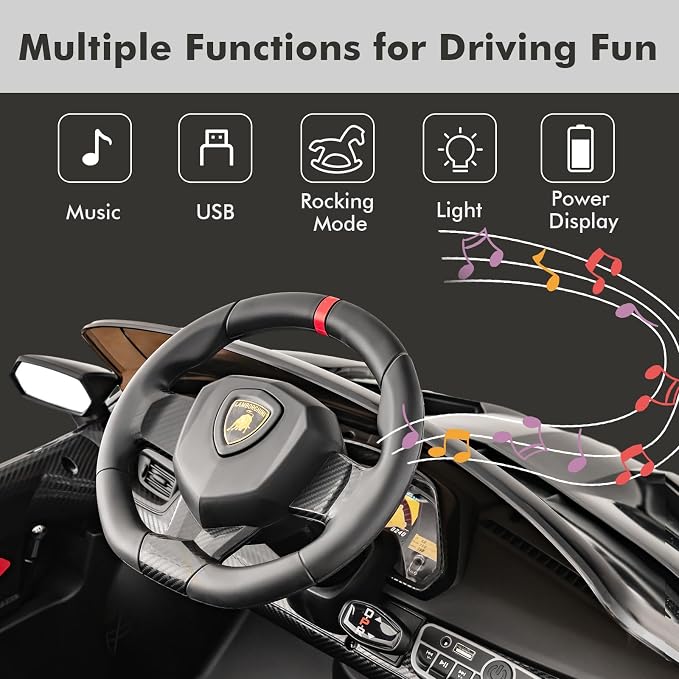 INFANS 2 Seater Kids Ride on Car, 12V 4WD Licensed Lamborghini Veneno Powered Electric Vehicle with Hydraulic Doors, Rocking Mode, Adjustable Speeds, Remote Control, MP3, Headlight (Black)