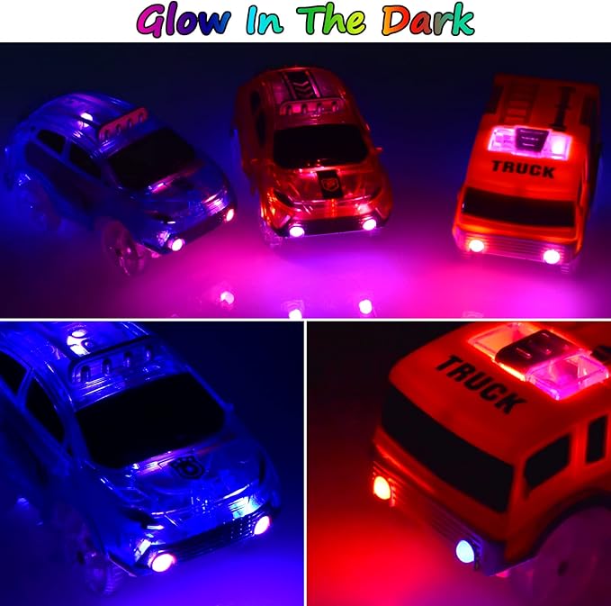Track Cars Only Replacement Light Up Toy Cars with 5 Flashing LED Lights for Tracks Glow in the Dark, Flex Race Car Track Accessories Compatible with Most Car Tracks for Kids (3 Pack) with Screwdriver